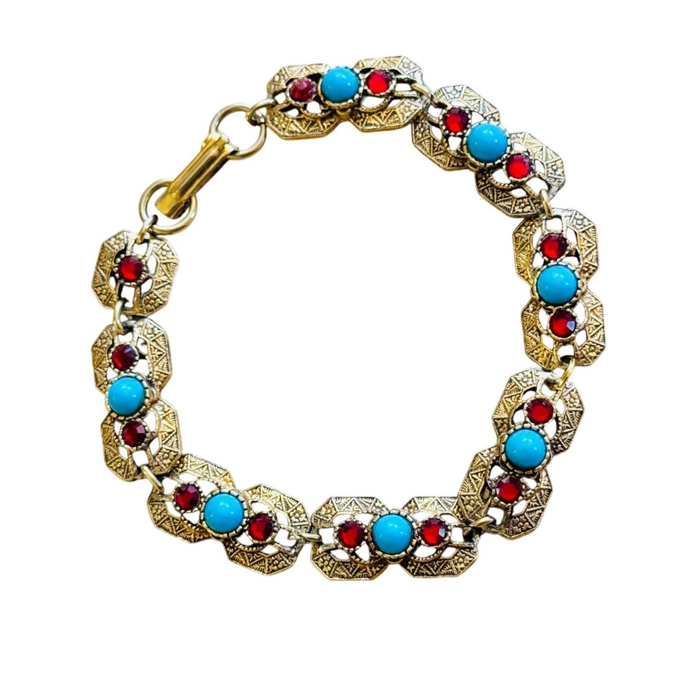 VTG Florenza Regal Gold Bracelet Rhinestone Rhinestone Etched Victorian Styled